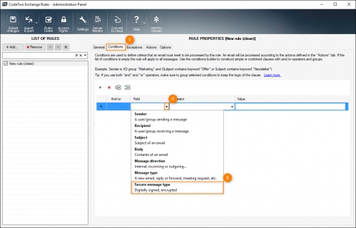 Setting up the Secure message type condition.