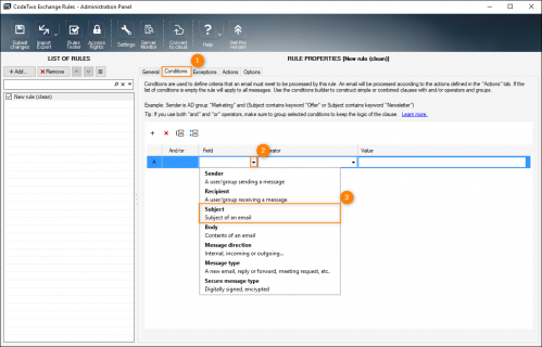 Choosing Subject on the Conditions tab.