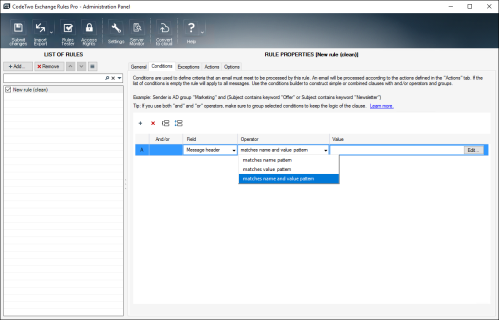 Configuring the Message header condition.
