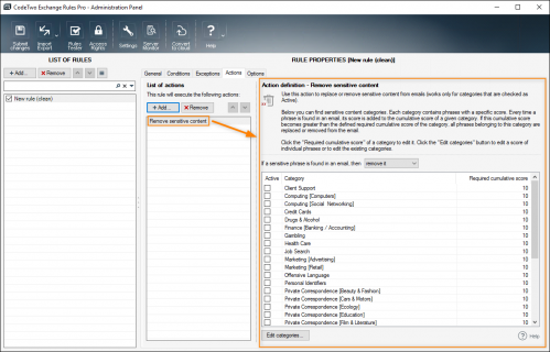 Properties of the Remove sensitive content action.