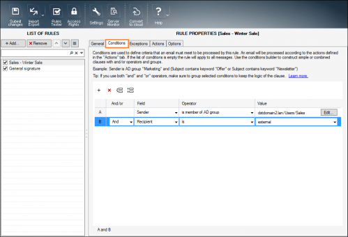 Setting conditions for an email marketing campaign.