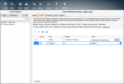 Setting conditions for an email marketing campaign.