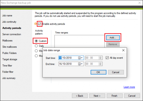 Backup Activity periods Custom