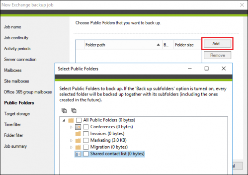 Selecting public folders to be included in the backup process.