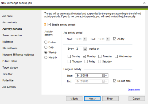 Configuring activity periods for the backup job.