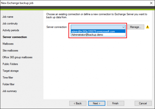 Backup Exchange backup job server connection