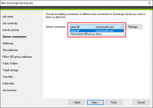 Backup Exchange backup job server connection 2.3
