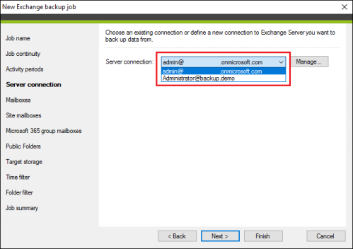 Selecting an Exchange server that you want to back up.