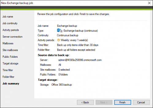 Backup Exchange backup job summary