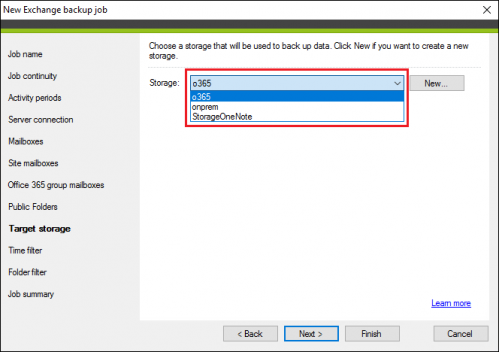 Backup Exchange backup job target storage