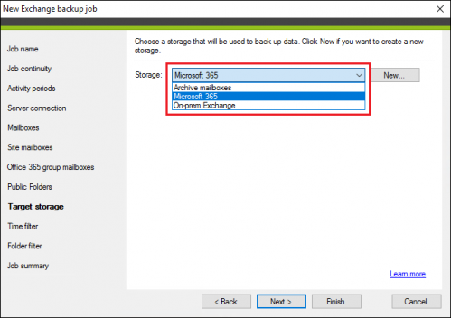 Backup Exchange backup job target storage 2.3