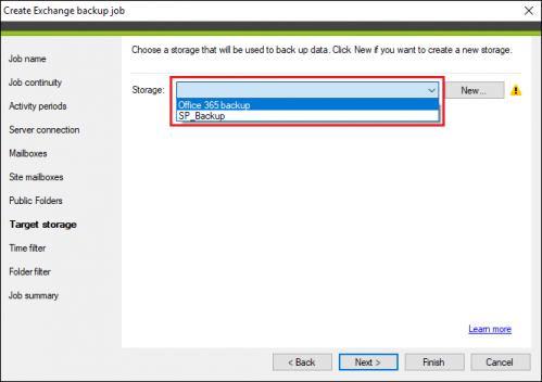 Backup Exchange backup job target storage
