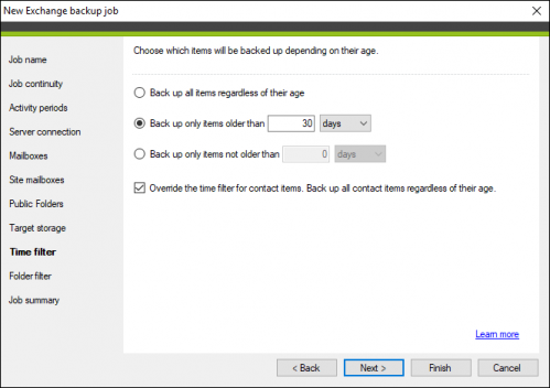 Backup Exchange backup job time filter