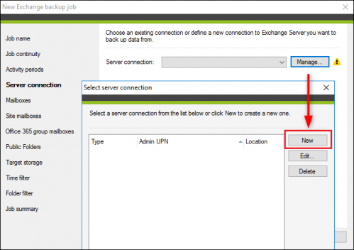 Creating a new Exchange server connection.