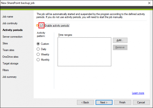 Backup SharePoint backup job enable activity perio