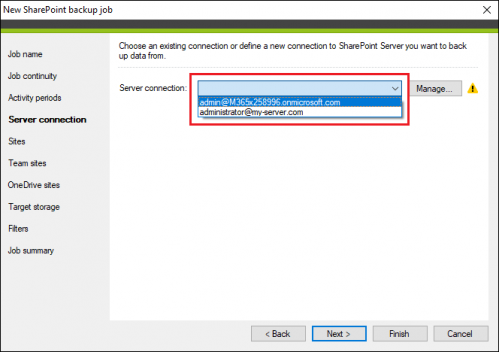 Backup SharePoint backup job server connection