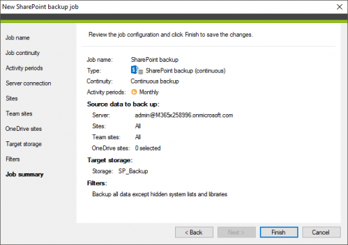 Backup SharePoint backup job summary