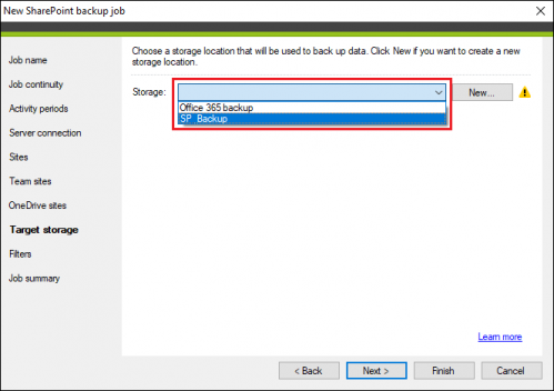 Backup SharePoint backup job target storage