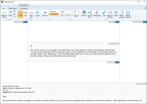 Full message composition in the template editor.