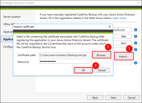 Backup Exchange connection import certificate