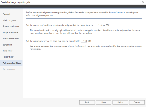 Advanced settings (Exchange migration via MAPI).