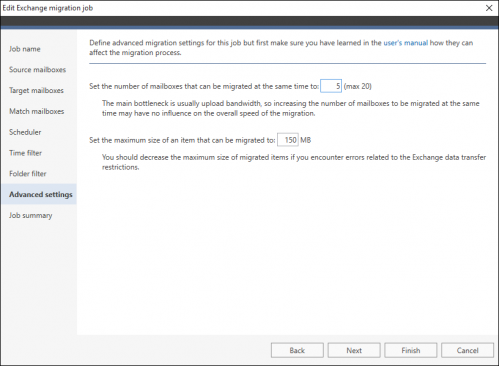 Office 365 Migration edit job advanced settings