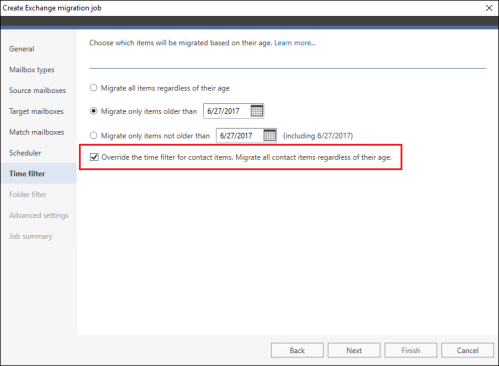 Configuring the time filter to migrate all contact items regardless of their age.
