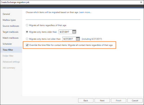 Configuring the time filter to migrate all contact items regardless of their age.