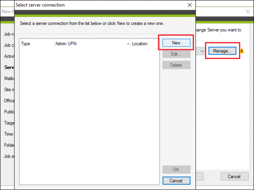 Backup Exchange backup job new connection