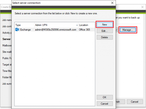 Backup Exchange backup job new connection