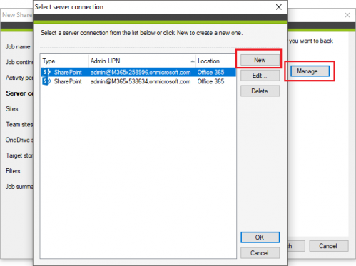 Backup SharePoint backup job new connection
