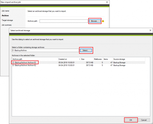 Backup import archive job selecting archive