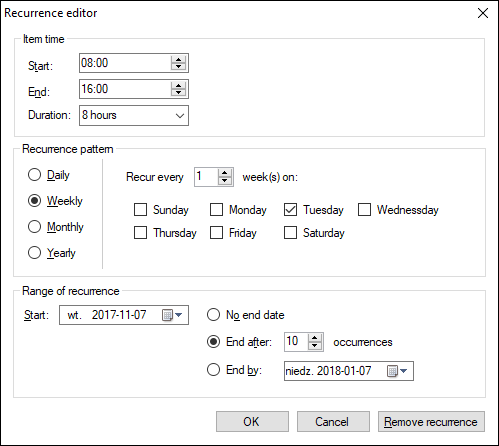 OOOM Recurrence editor