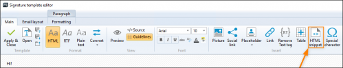 Accessing the Insert HTML snippet view.