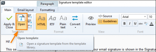 Opening the signature template library from the editor.