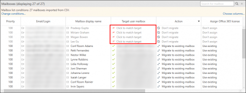 Source mailboxes without a target mailbox assigned, as displayed on the Jobs tab.