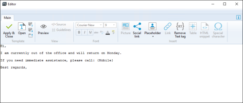 The Plain Text auto-reply editor.