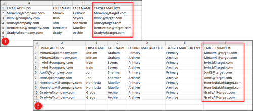 Adding target mailboxes details - migration job includes only primary (1) or both primary and archive mailboxes (2).