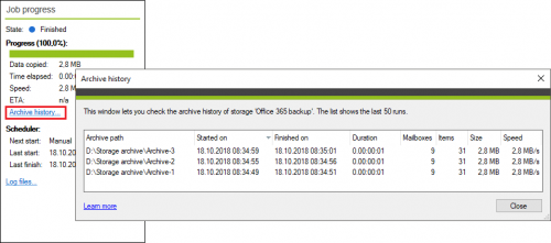 Backup Jobs tab archive history