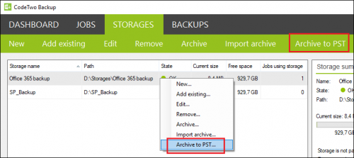 Backup create PST archive job from Storages tab