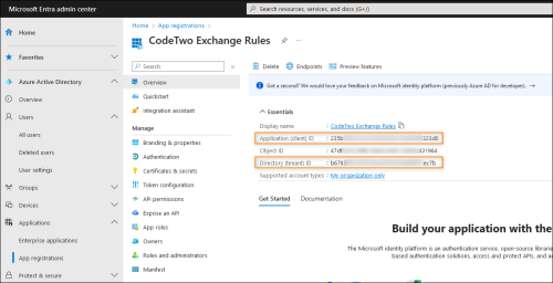 Location of the client and tenant IDs in the Microsoft Entra admin center.