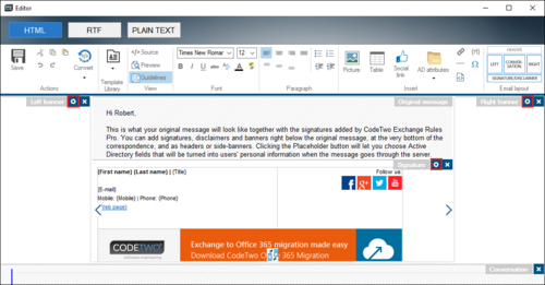 Editor - email sections with settings button