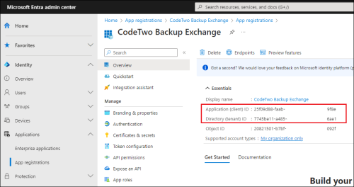 The client and tenant ID assigned to CodeTwo Backup in Entra ID.
