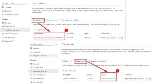 The location of a certificate thumbprint (A) and client secret (B) in Azure AD.