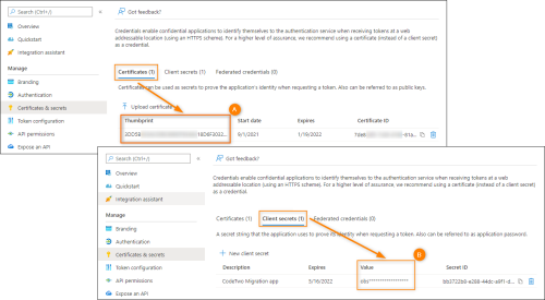 Location of the certificate thumbprint (A) and client secret (B) credentials in the Azure AD admin center.