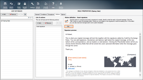 Accessing the template editor in CodeTwo Exchange Rules.