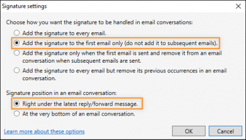 Configuration of the second signature (added to the first email only).