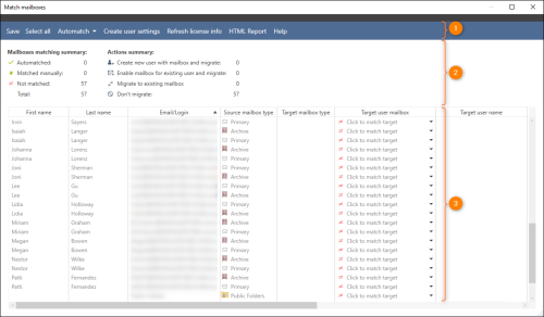 Main parts of the Match mailboxes window.
