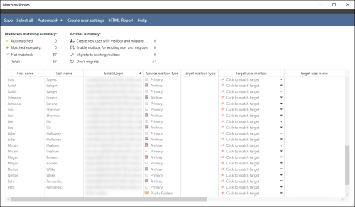 The Match mailboxes configuration window.
