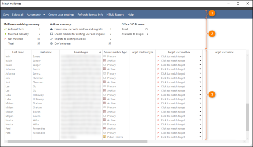 Main parts of the Match mailboxes window.